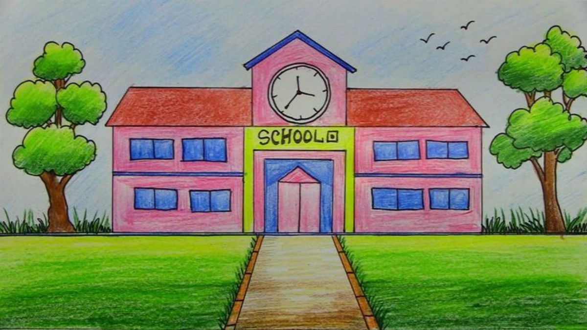 Tranh mẫu 7: Vẽ trường học đơn giản