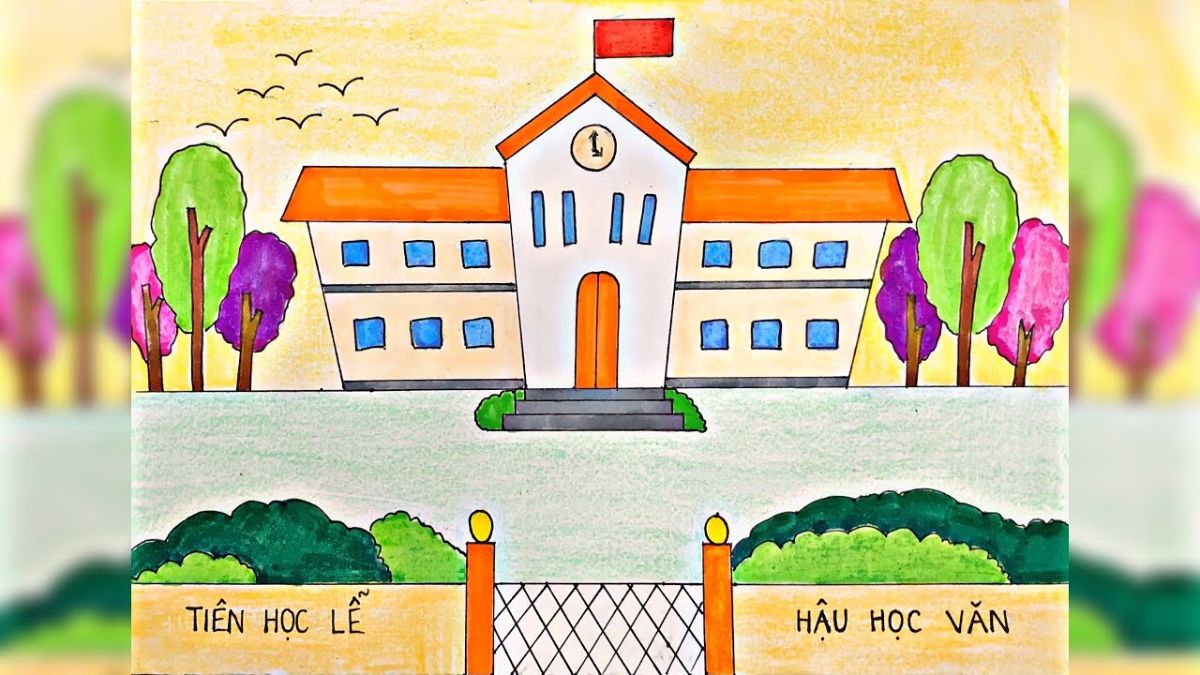 Tranh mẫu 8: Vẽ trường học đơn giản