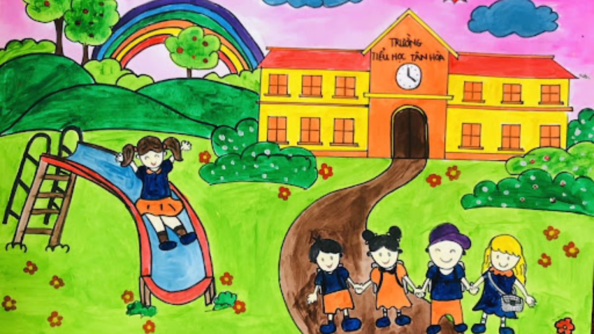 Tranh mẫu 9: Vẽ trường học đơn giản