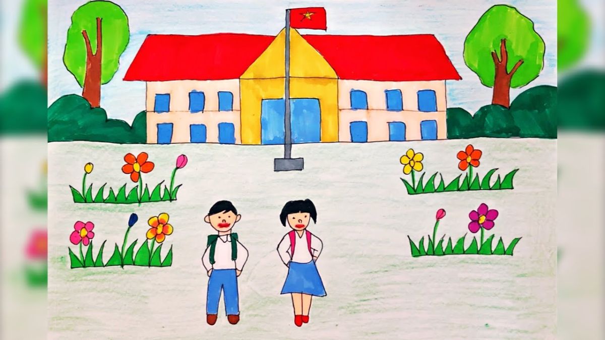 Tranh mẫu 10: Vẽ trường học đơn giản