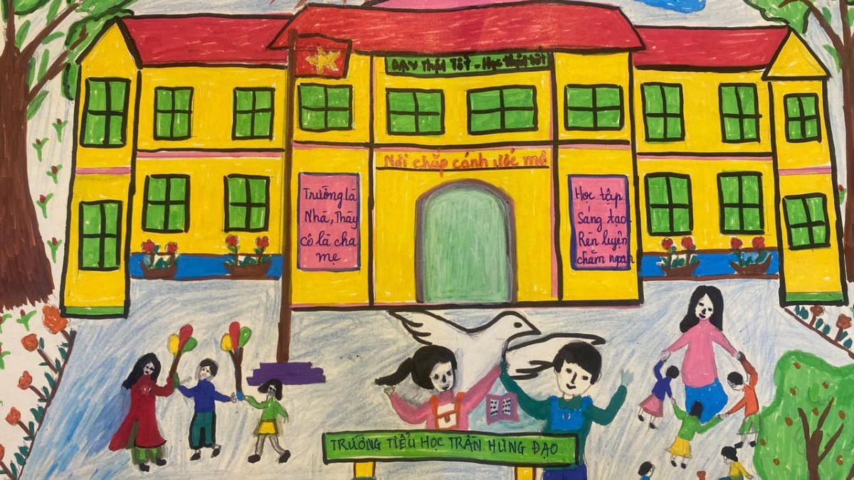 Tranh mẫu 11: Vẽ trường học đơn giản