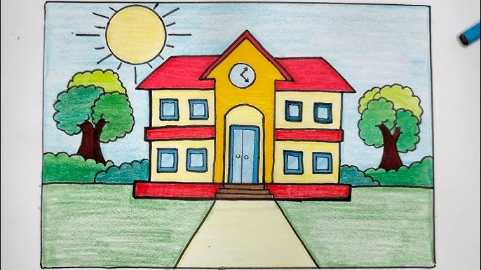 Tranh mẫu 13: Vẽ trường học đơn giản