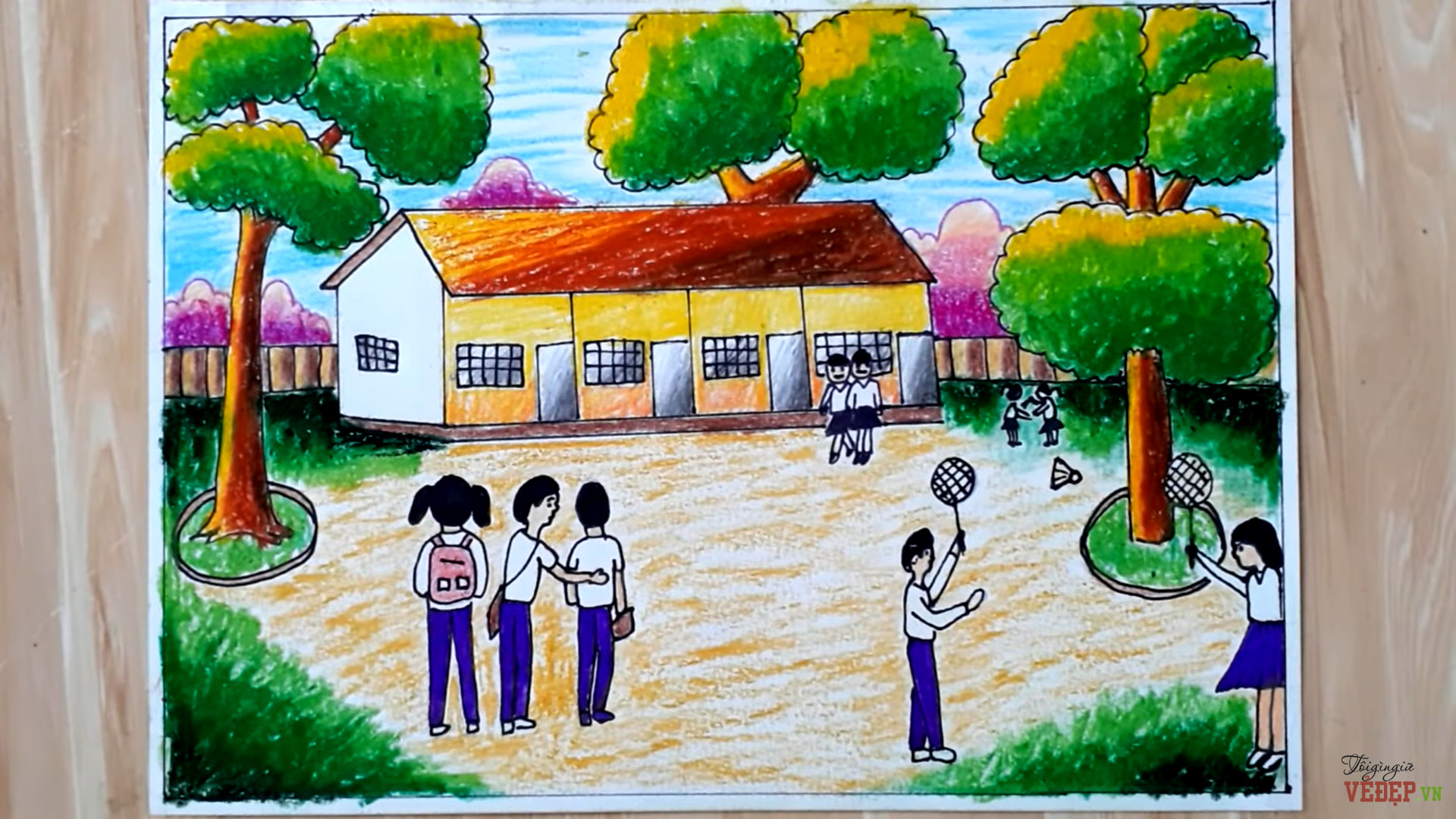 Tranh mẫu 12: Vẽ trường học đơn giản