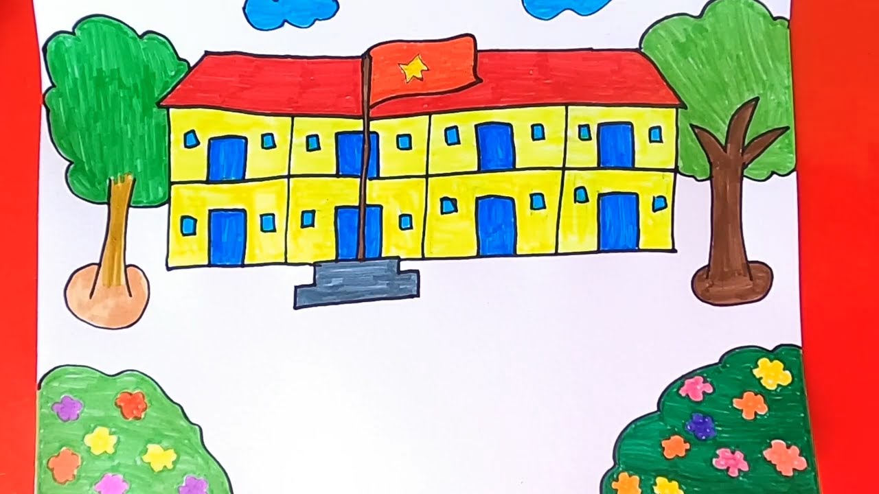 Tranh mẫu 15: Vẽ trường học đơn giản
