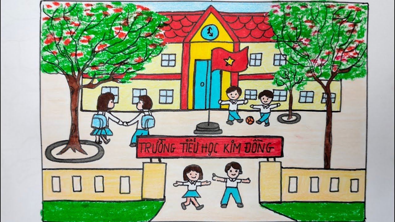 Tranh mẫu 18: Vẽ trường học đơn giản