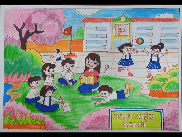 Tranh mẫu 19: Vẽ trường học đơn giản