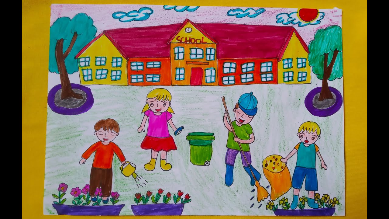 Tranh mẫu 21: Vẽ trường học đơn giản