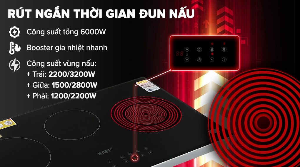 Bếp từ hồng ngoại 3 vùng nấu lắp âm KAFF KF-IC3801 tổng công suất cao giúp rút ngắn thời gian nấu