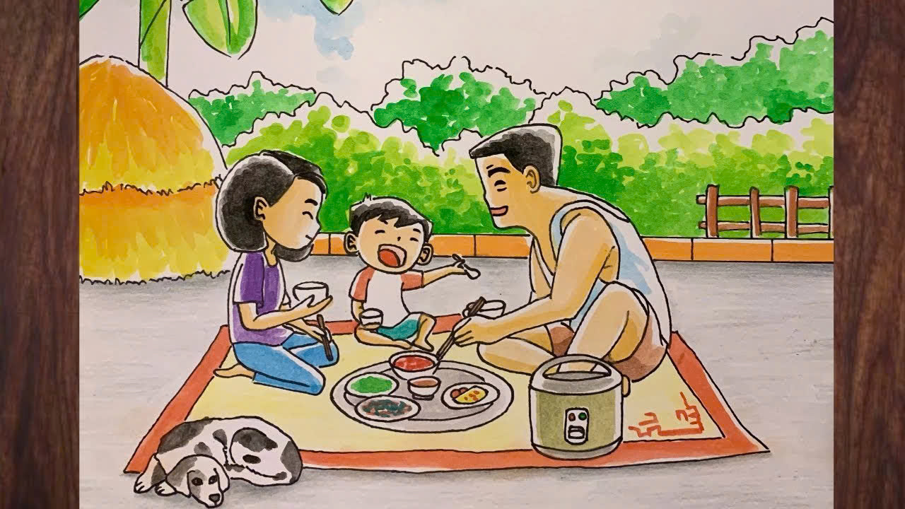 Tranh mẫu 1: Vẽ tranh gia đình bên mâm cơm