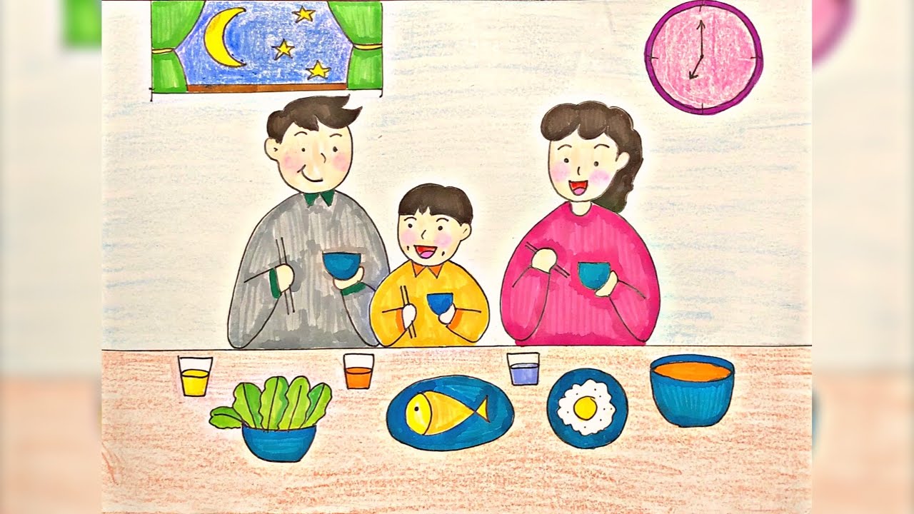 Tranh mẫu 2: Vẽ tranh gia đình bên mâm cơm