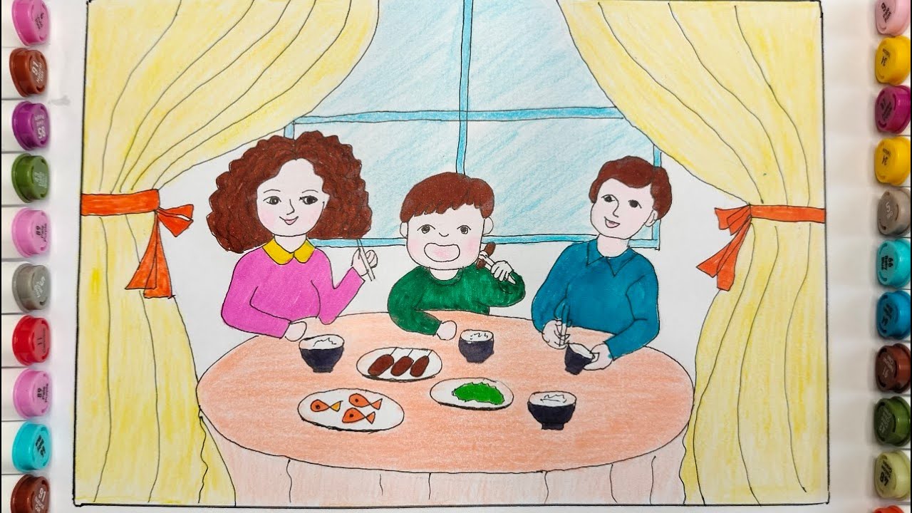 Tranh mẫu 3: Vẽ tranh gia đình bên mâm cơm