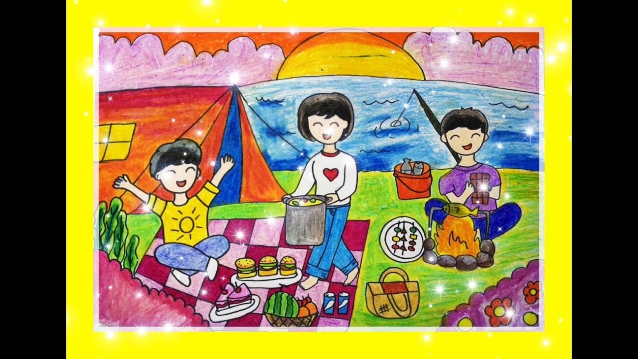 Tranh mẫu 4: Vẽ tranh gia đình đi picnic, du lịch