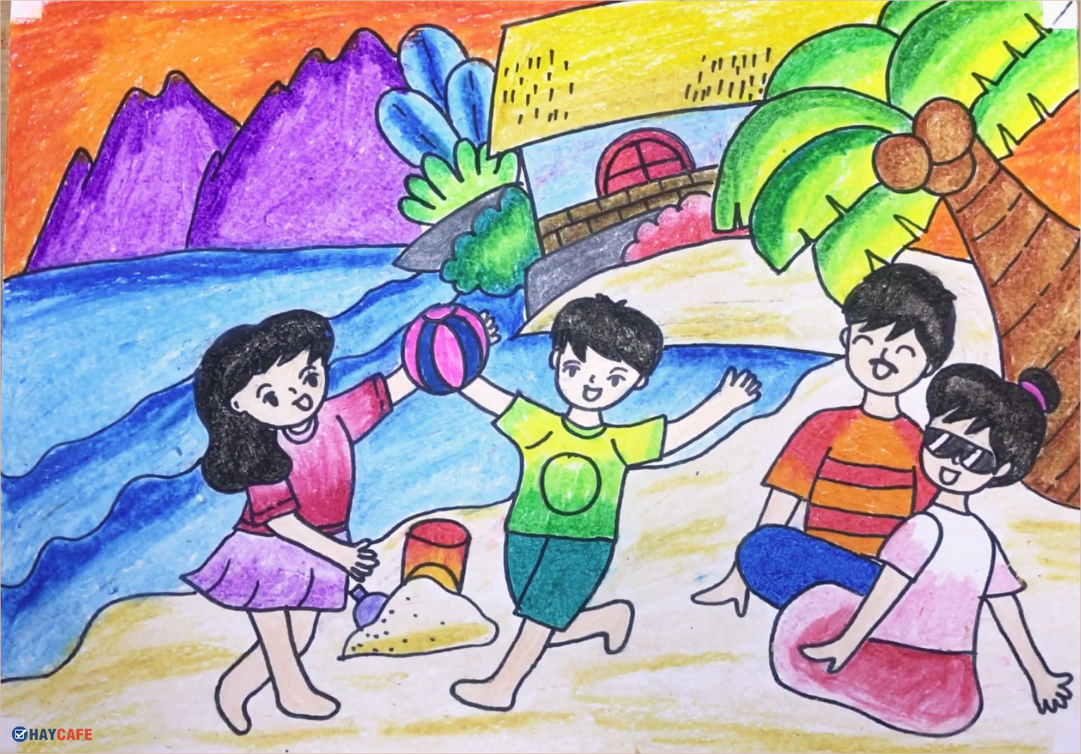 Tranh mẫu 1: Vẽ tranh gia đình đi picnic, du lịch