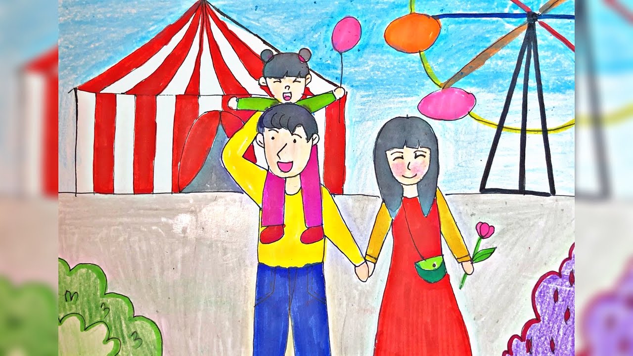 Tranh mẫu 2: Vẽ tranh gia đình đi picnic, du lịch