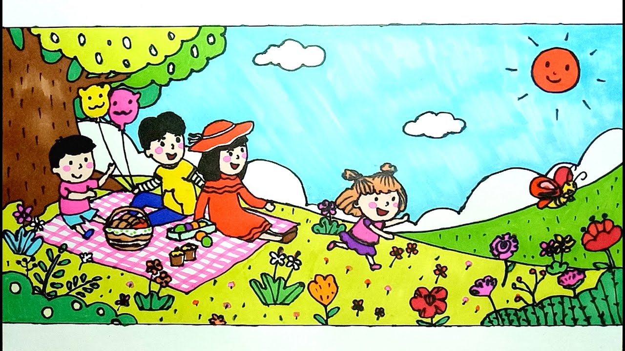 Tranh mẫu 7: Vẽ tranh gia đình đi picnic, du lịch