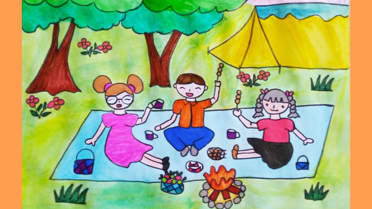 Tranh mẫu 8: Vẽ tranh gia đình đi picnic, du lịch