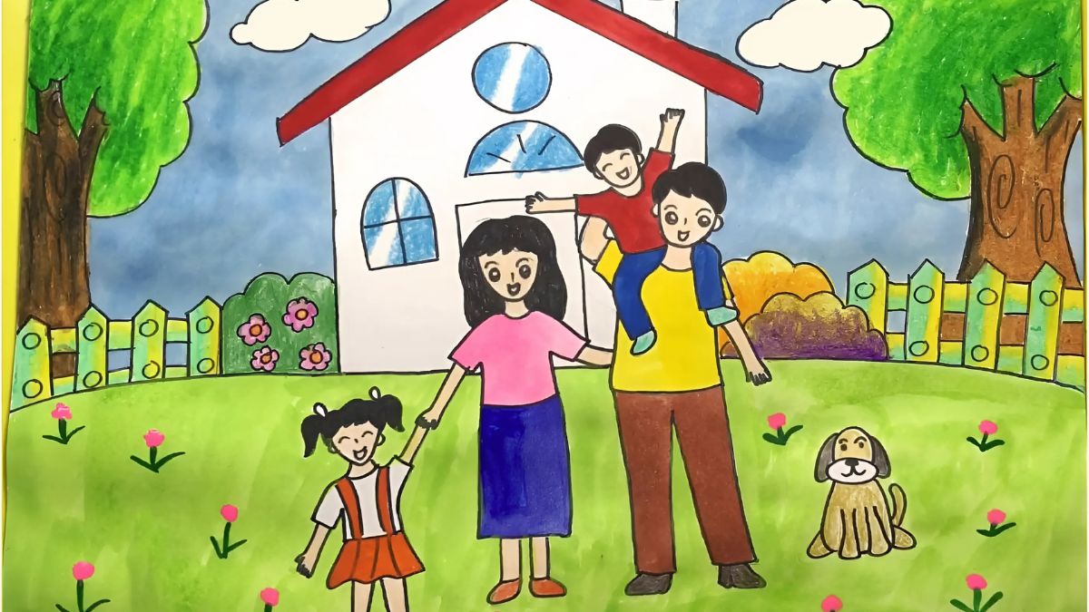 Tranh mẫu 9: Vẽ tranh gia đình đi picnic, du lịch