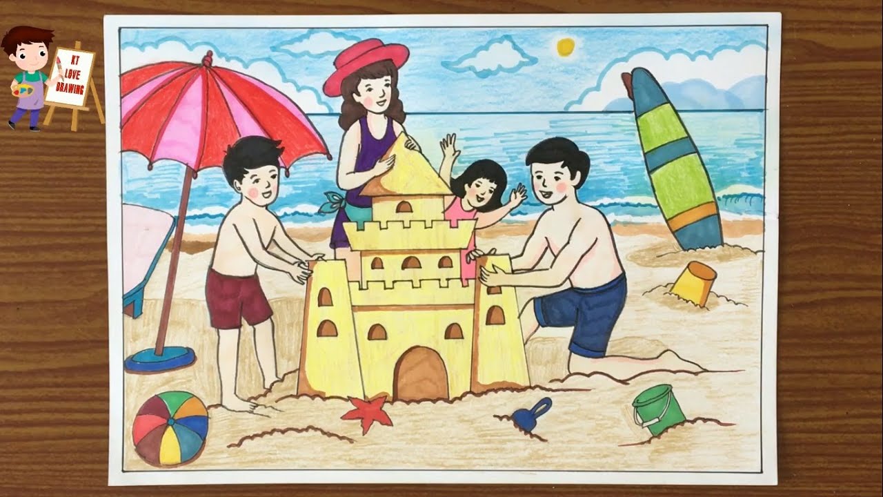 Tranh mẫu 11: Vẽ tranh gia đình đi picnic, du lịch