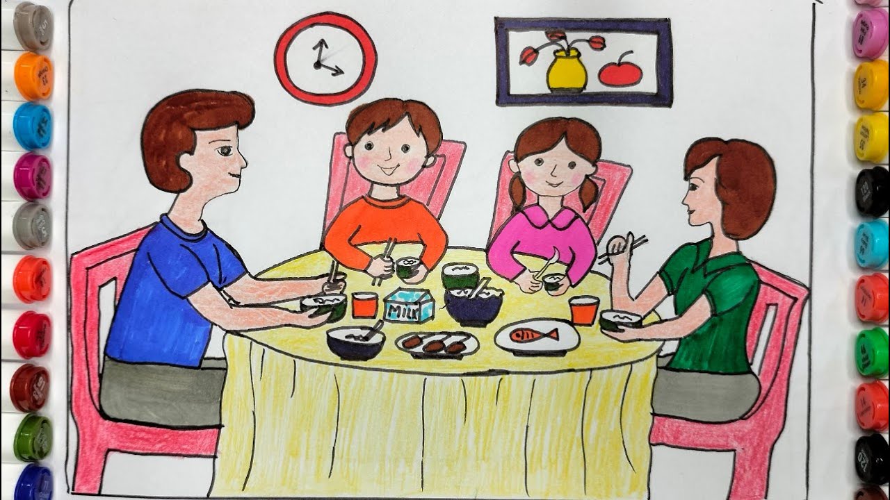 Tranh mẫu 5: Vẽ tranh gia đình bên mâm cơm