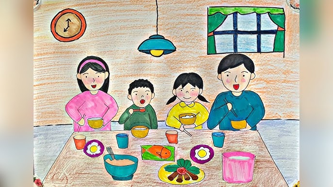 Tranh mẫu 6: Vẽ tranh gia đình bên mâm cơm