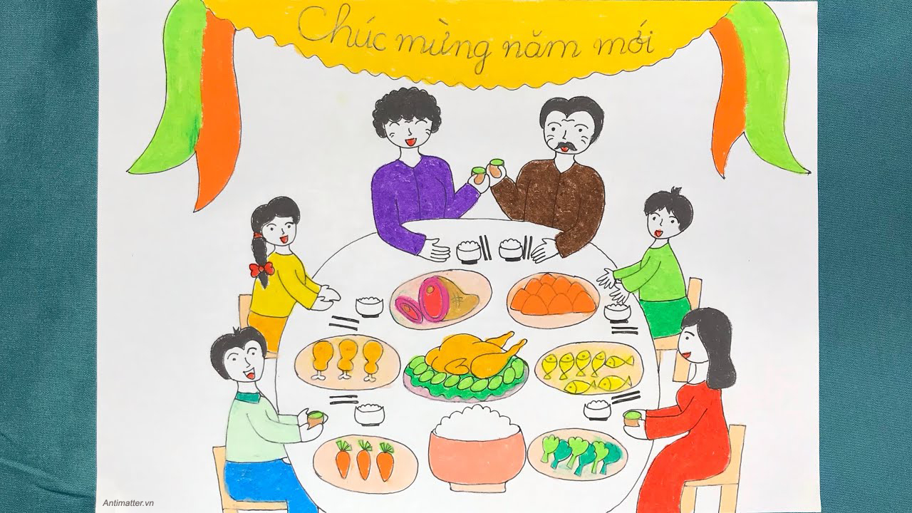 Tranh mẫu 10: Vẽ tranh gia đình bên mâm cơm