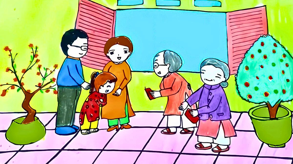 Tranh mẫu 1: Tranh gia đình ngày Tết