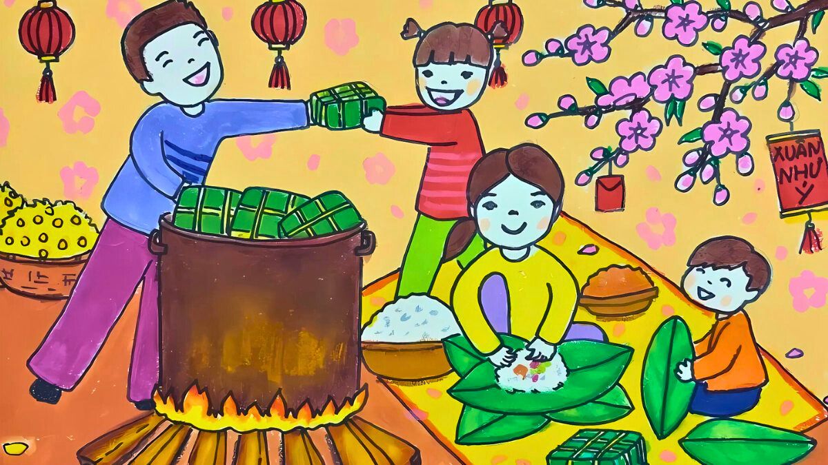 Tranh mẫu 2: Tranh gia đình ngày Tết