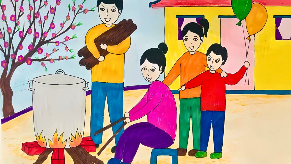 Tranh mẫu 8: Tranh gia đình ngày Tết