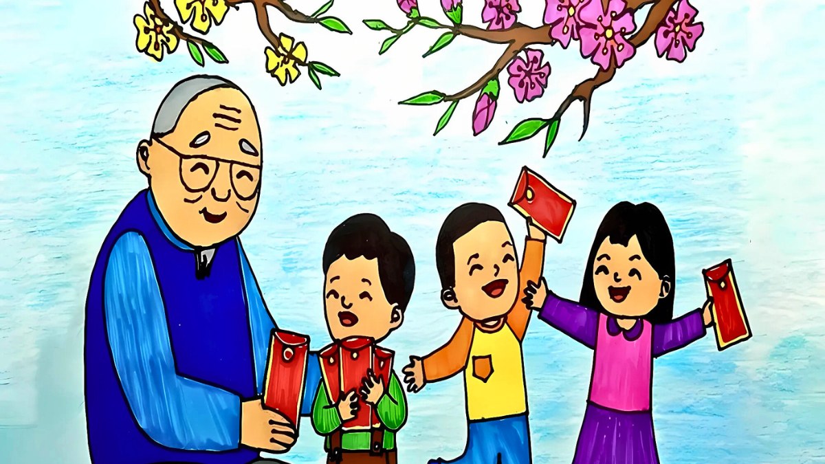 Tranh mẫu 9: Tranh gia đình ngày Tết