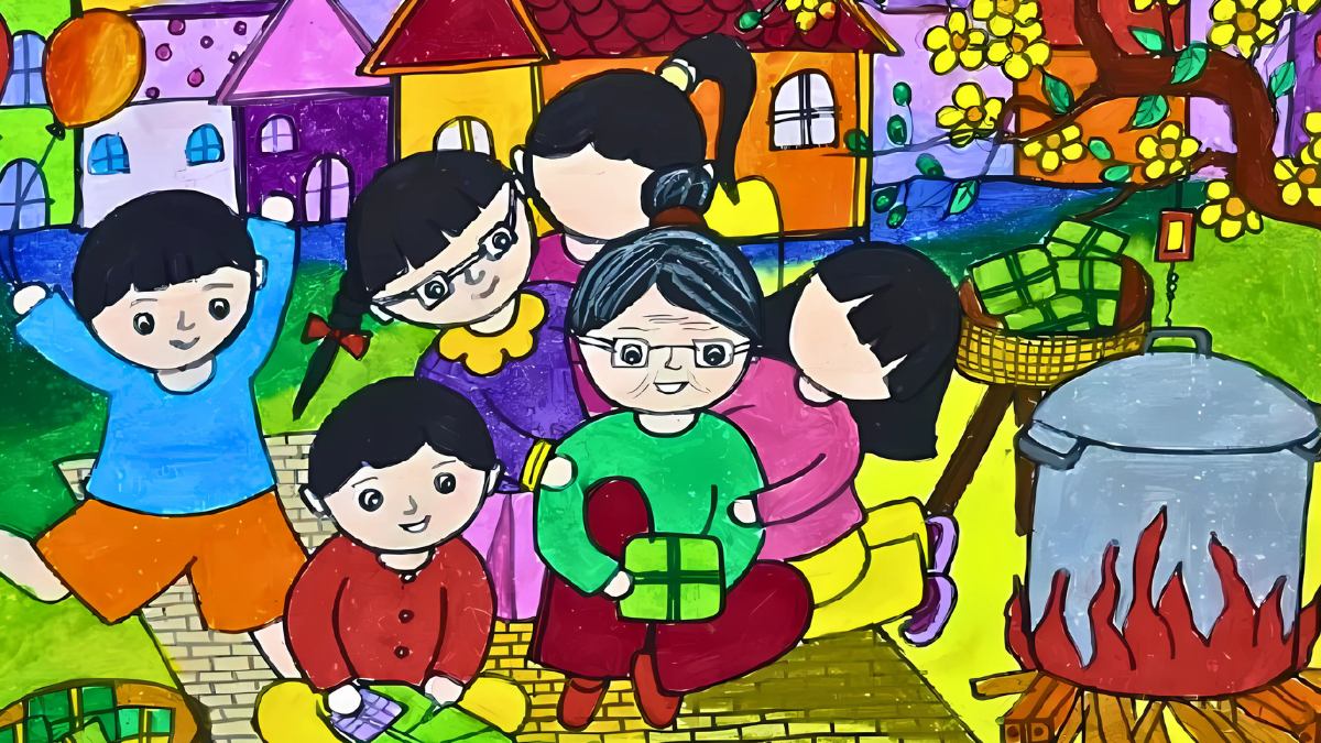 Tranh mẫu 10: Tranh gia đình ngày Tết