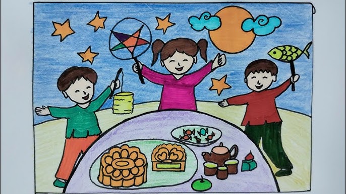 Tranh mẫu 25: Vẽ tranh Trung thu