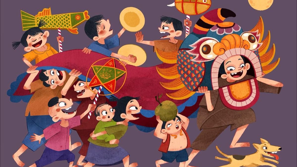 Tranh múa lân Trung thu vui nhộn