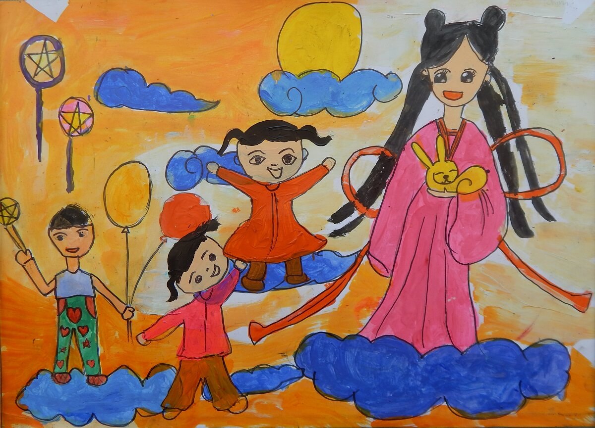 Tranh vẽ Tết Trung Thu có Chị Hằng và Chú Cuội