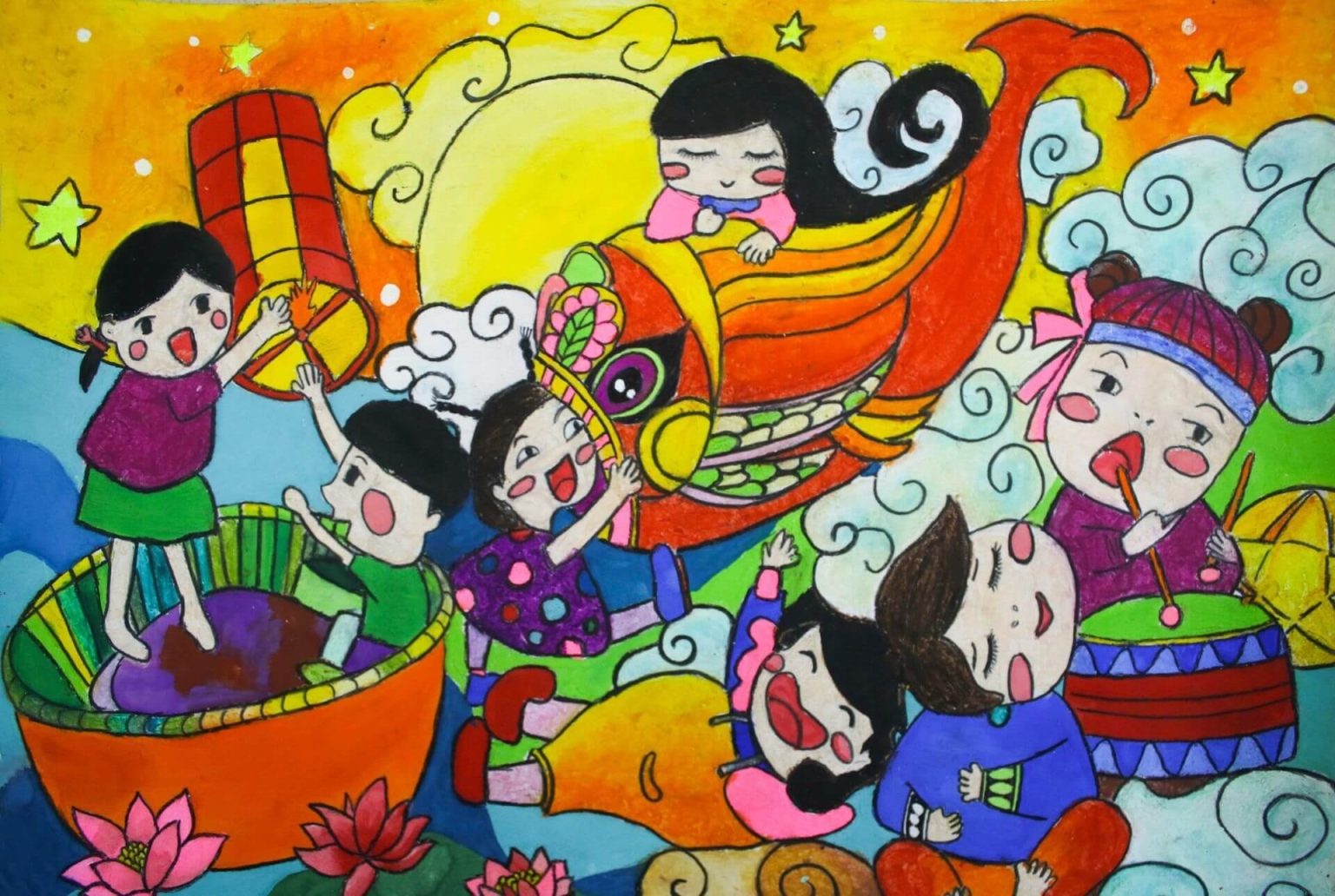 Vẽ tranh đề tài ông Trăng cùng các bạn nhỏ vui Trung thu