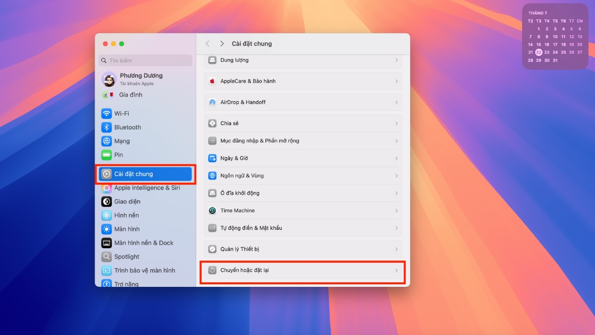 C&agrave;i đặt chung > Chuyển hoặc đặt lại
