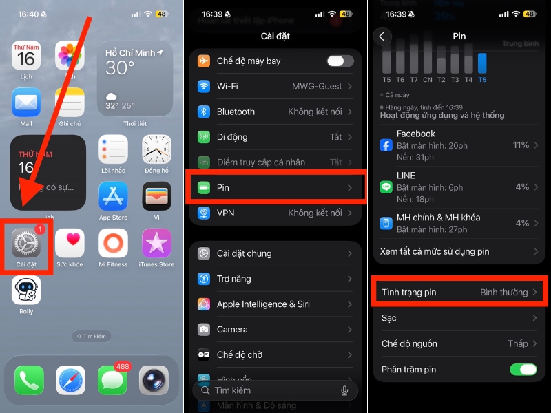 C&agrave;i đặt > Pin > T&igrave;nh trạng pin