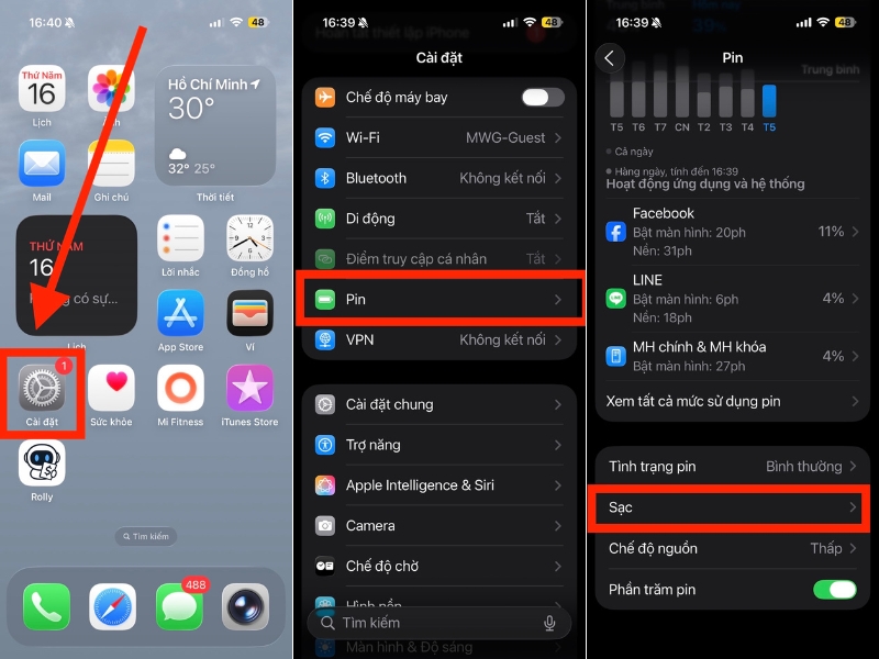 C&agrave;i đặt > Pin > Sạc