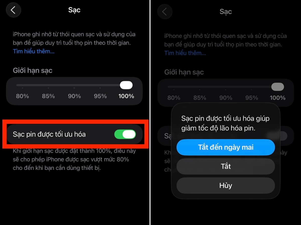 Tắt mục Sạc pin được tối ưu h&oacute;a