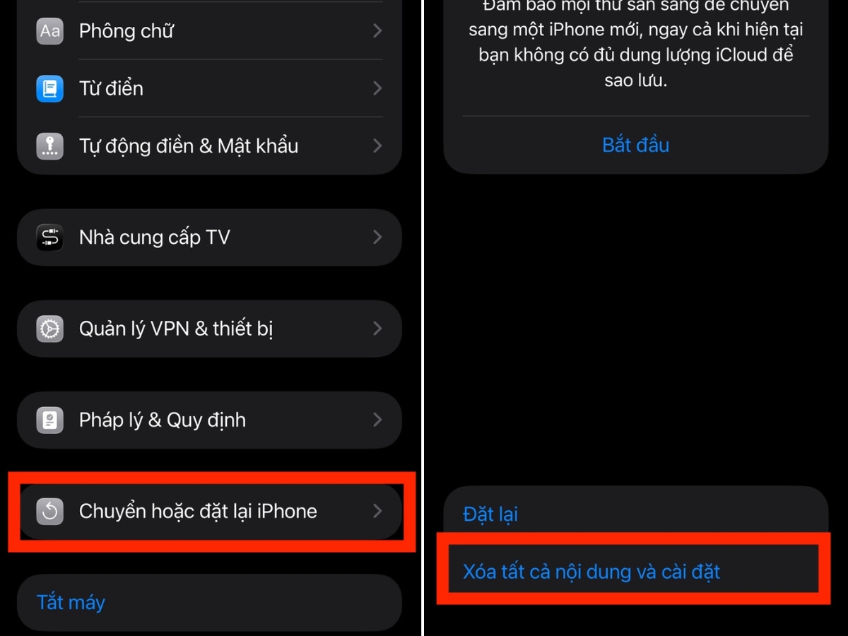 X&oacute;a tất cả nội dung v&agrave; c&agrave;i đặt