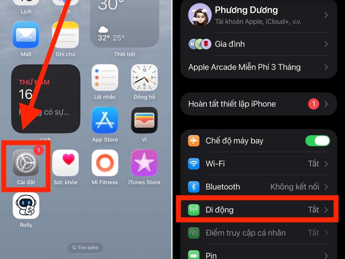 Cài đặt > Di động Cài đặt > Di động