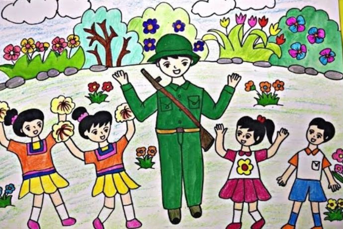 Tranh mẫu 1: Vẽ chú bộ đội và các em nhỏ