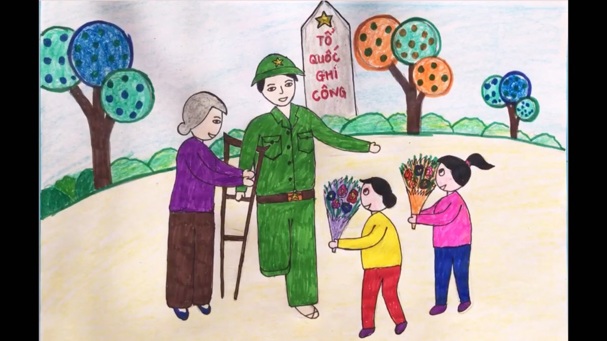 Tranh mẫu 2: Vẽ chú bộ đội và các em nhỏ