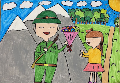 Tranh mẫu 3: Vẽ chú bộ đội và các em nhỏ