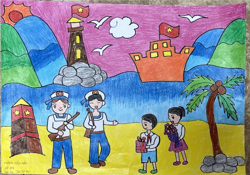 Tranh mẫu 4: Vẽ chú bộ đội và các em nhỏ