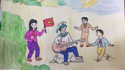 Tranh mẫu 5: Vẽ chú bộ đội và các em nhỏ