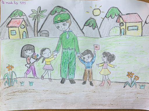 Tranh mẫu 6: Vẽ chú bộ đội và các em nhỏ