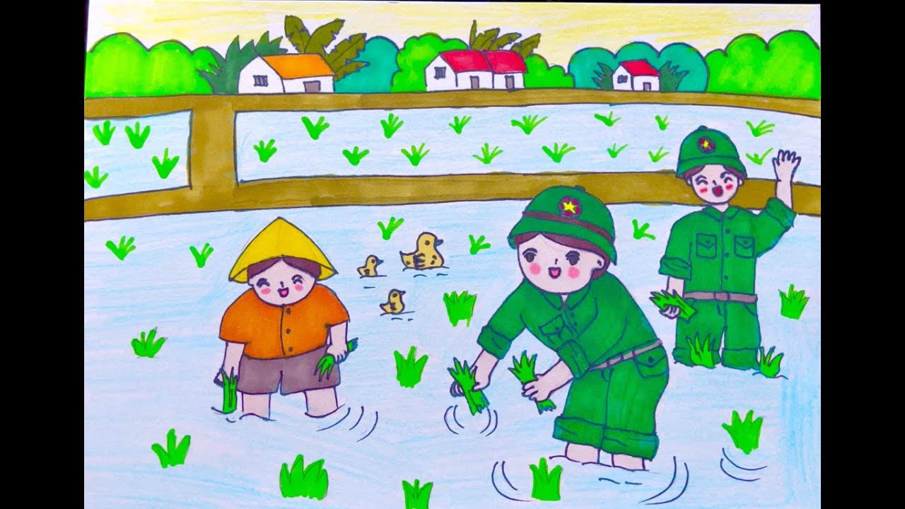Tranh mẫu 1: Vẽ chú bộ đội gặt lúa giúp dân