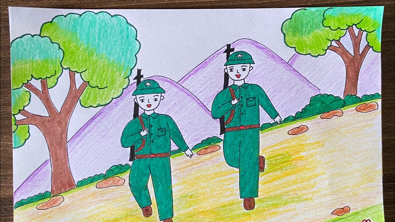 Tranh mẫu 4: Vẽ chú bộ đội hành quân