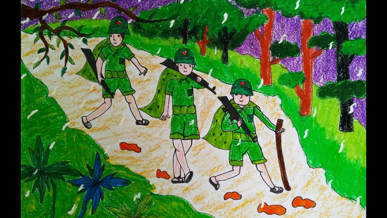 Tranh mẫu 7: Vẽ chú bộ đội hành quân
