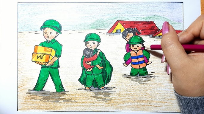 Tranh mẫu 1: vẽ chú bộ đội cứu trợ đồng bào mưa lũ